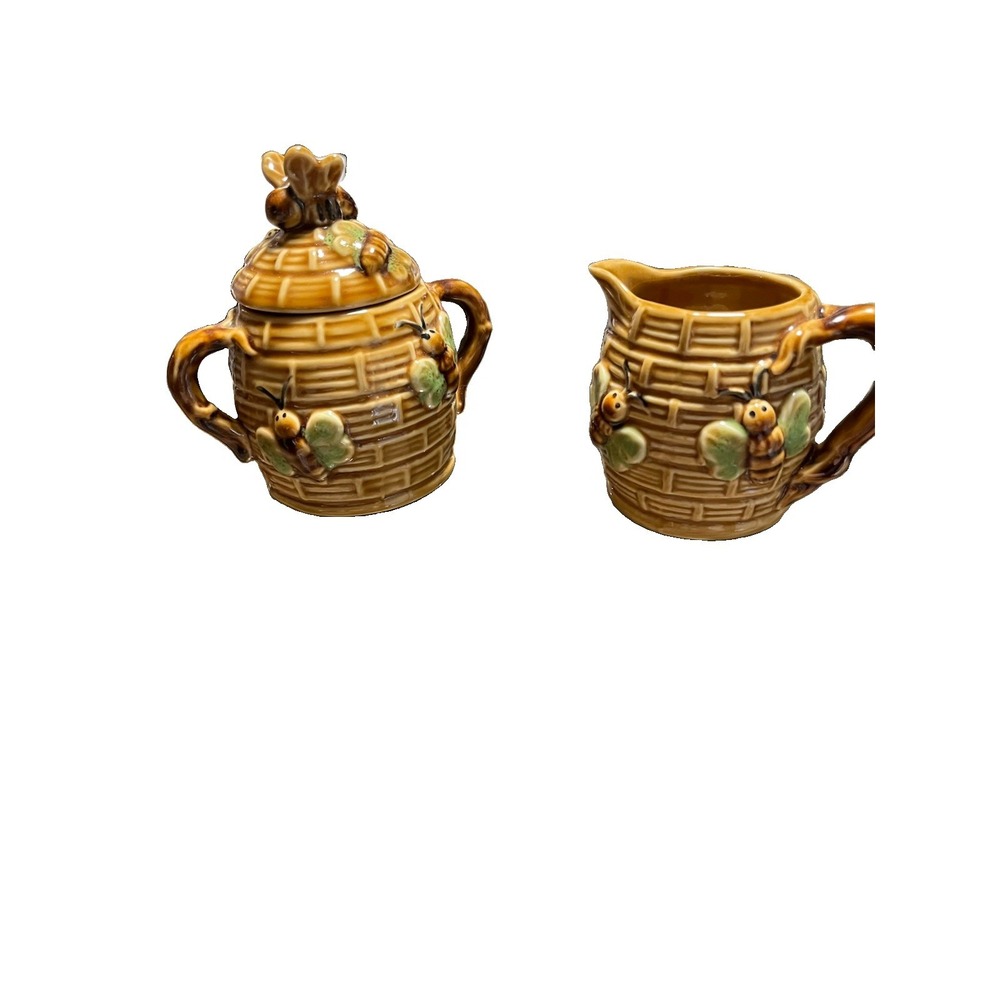 Vtg Honey Bees Majolica Style Tea Set Creamer and Sugar Bowl Cottage Eclectic